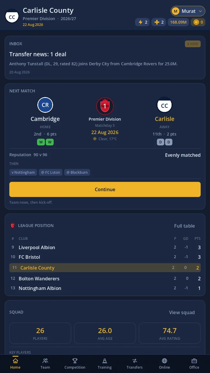 The dashboard: inbox, the next match, the league position and the squad